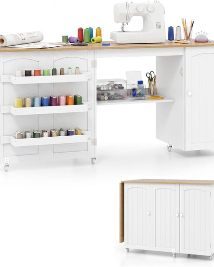 Table à coudre pliable Giantex, grande desserte à roulettes pour travaux de couture (62,5''x20''x29'')