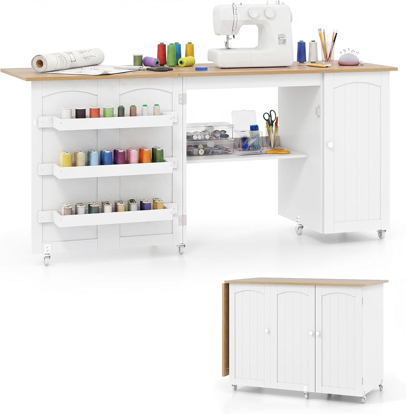 Table à coudre pliable Giantex, grande desserte à roulettes pour travaux de couture (62,5''x20''x29'')