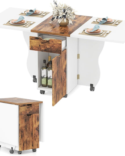 Table à manger pliable Giantex 3-en-1 avec 2 tiroirs et 2 placards