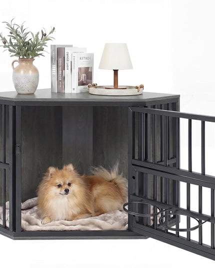 Giantex Wooden Corner Dog Crate Furniture with Adjustable & Reversible Elevated Feeder