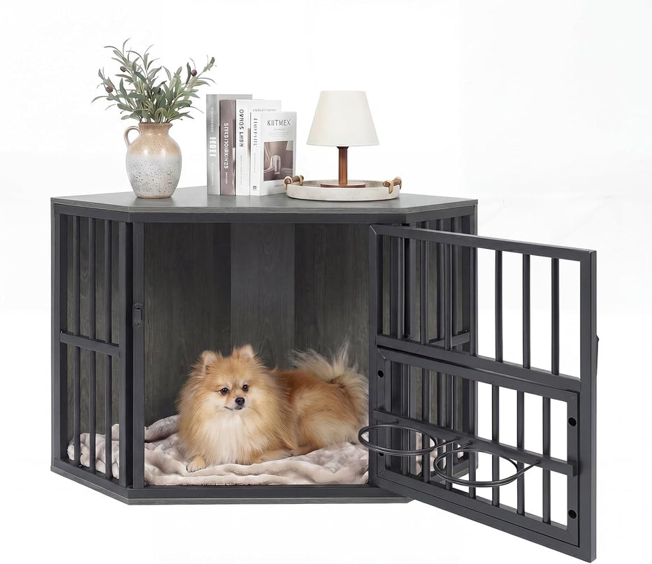 Giantex Wooden Corner Dog Crate Furniture with Adjustable & Reversible Elevated Feeder