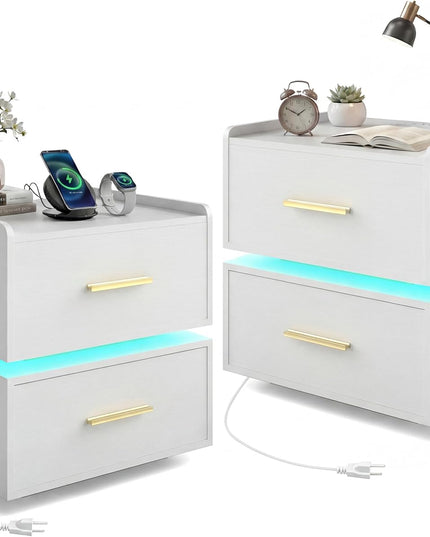 Giantex Semi-Floating LED Night Stand with Charging Station & 2 Storage Drawers (1/2)