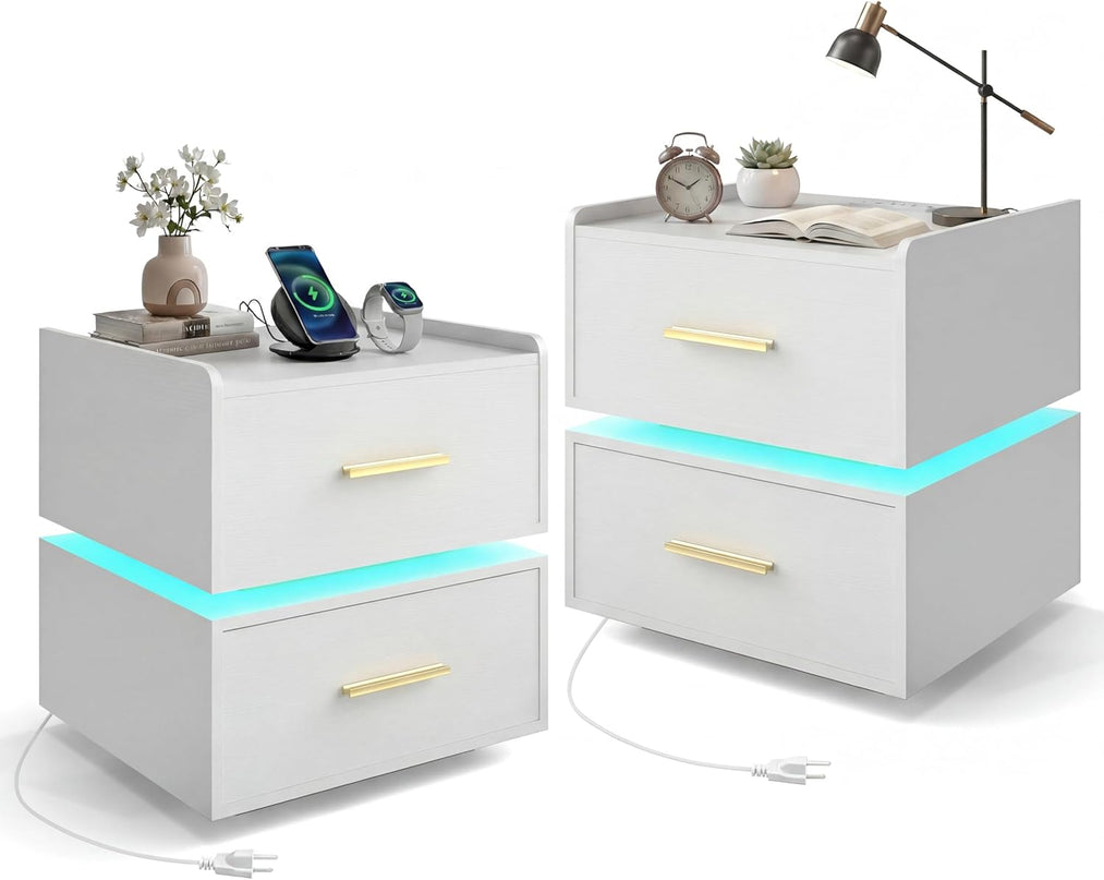 Giantex Semi-Floating LED Night Stand with Charging Station & 2 Storage Drawers (1/2)