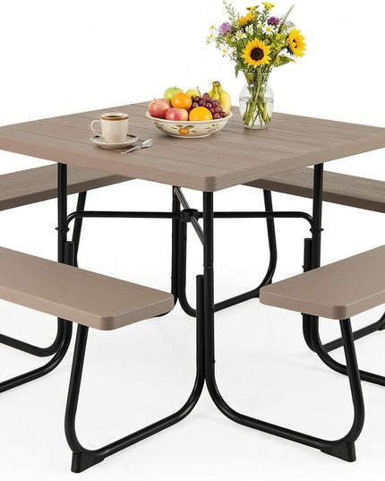 Ensemble table et bancs de pique-nique Giantex pour 4 à 8 personnes, ensemble table et bancs d'extérieur avec trou pour parasol, plateau en PEHD et cadre en métal