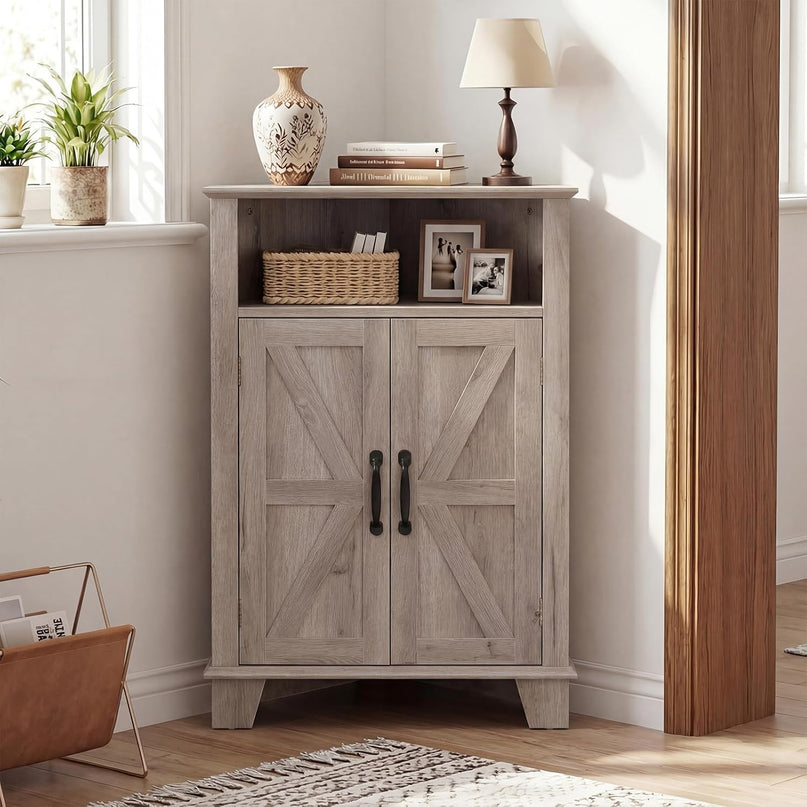 Giantex Farmhouse Bathroom Floor Corner Storage Cabinet with Open Storage