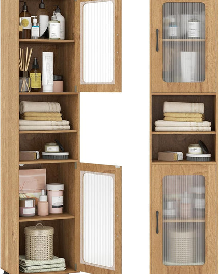Giantex 67" Tall Narrow Freestanding Bathroom Storage Cabinet with 2 Fluted Doors