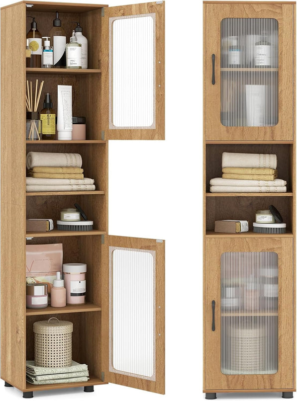 Giantex 67" Tall Narrow Freestanding Bathroom Storage Cabinet with 2 Fluted Doors