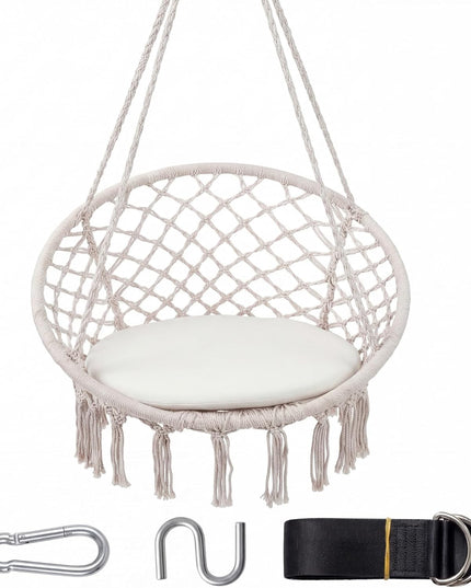 Giantex Hammock Chair Macrame Swing with Round Seat Cushion and Hardware Kit