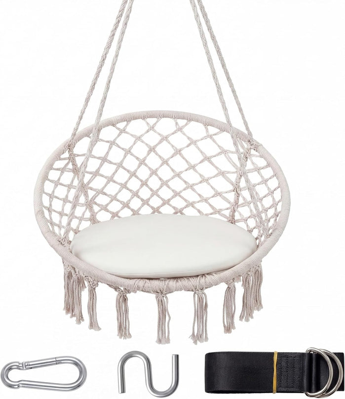 Giantex Hammock Chair Macrame Swing with Round Seat Cushion and Hardware Kit