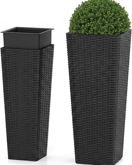 Giantex Rattan Tall Planter Set of 2 Outdoor Large Tapered Planters with Removable Inner Trays
