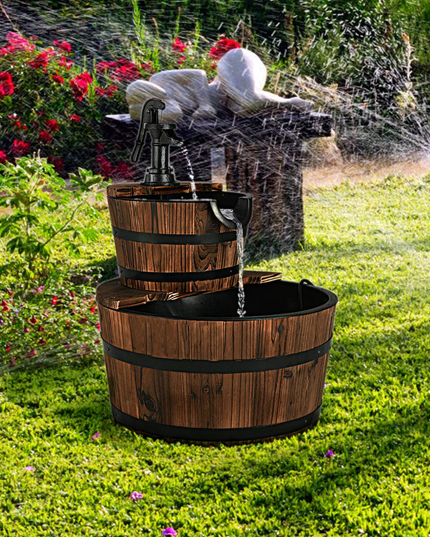 Giantex 2-Tier Barrel Waterfall Fountain with Hand Pump
