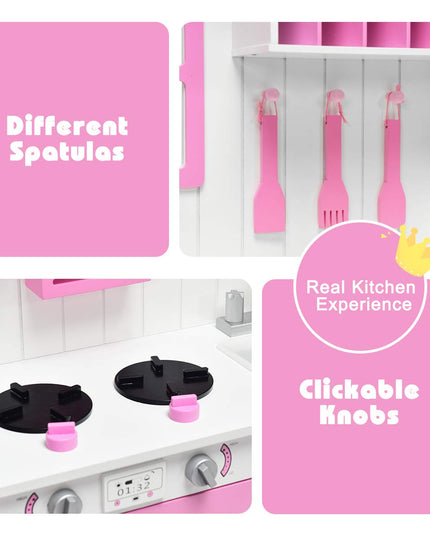 Giantex Wood Play Kitchen, Pink Kids Kitchen Playset for Toddlers