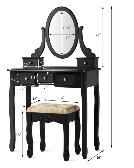 CHARMAID Vanity Table Set with Rotatable Oval Mirror (Black) - Giantexus