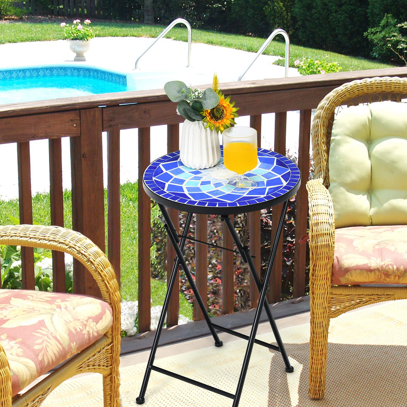 Giantex Folding Mosaic Patio Table, 14'' Outdoor Side Table Round Accent Table Plant Stand with Ceramic Tile Top