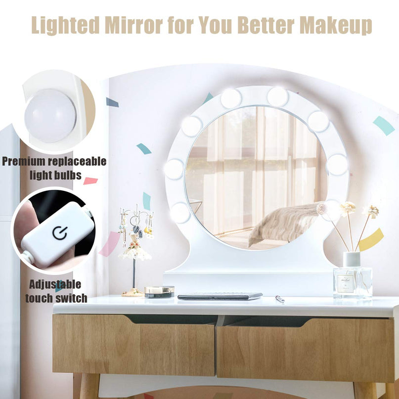 Vanity Table Set with 8 Light Bulbs and Touch Switch