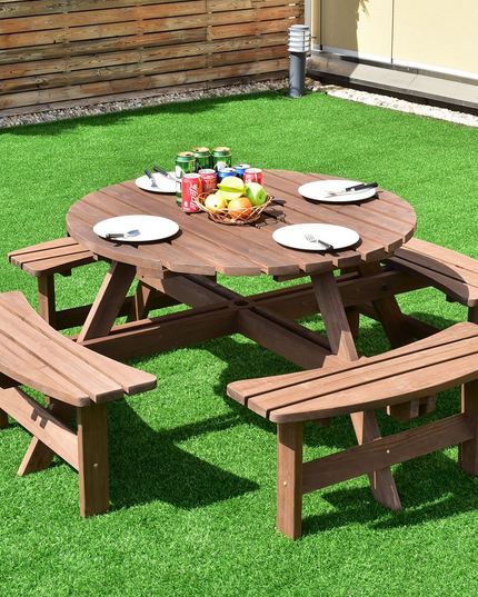 Giantex Wooden Picnic Table Set with Wood Bench, 4 Adults or 8 Kids Outdoor Round Table with Umbrella Hold Design