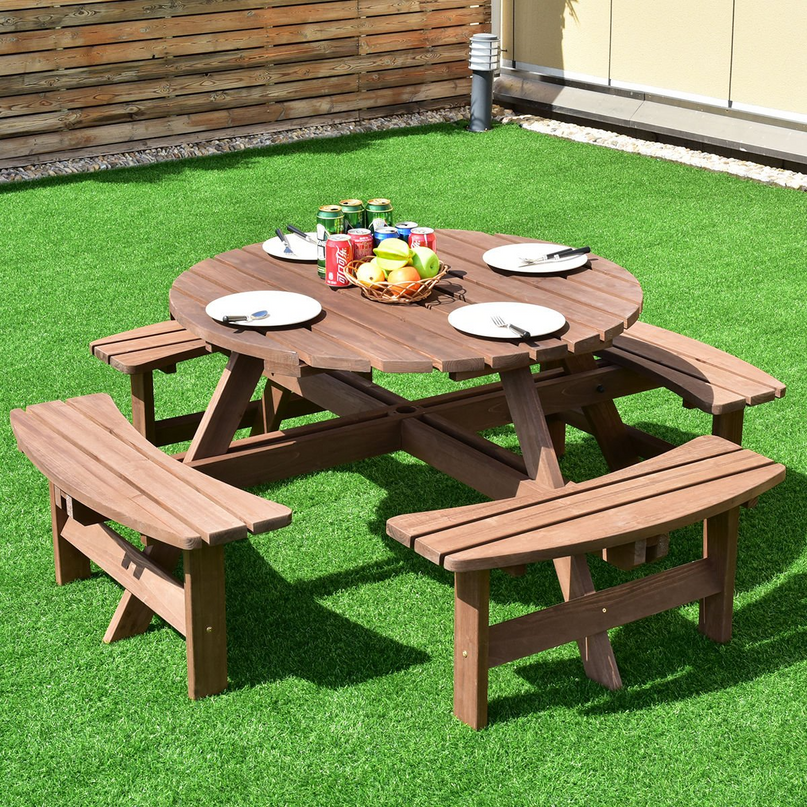 Giantex Wooden Picnic Table Set with Wood Bench, 4 Adults or 8 Kids Outdoor Round Table with Umbrella Hold Design