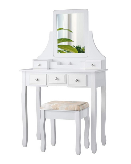 CHARMAID Makeup Vanity Set with Mirror and Cushioned Stool, 5 Drawers and Removable Storage Organizers - Giantexus