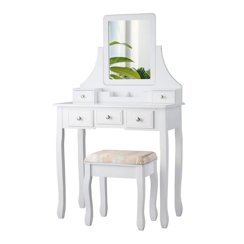 CHARMAID Makeup Vanity Set with Mirror and Cushioned Stool, 5 Drawers and Removable Storage Organizers - Giantexus
