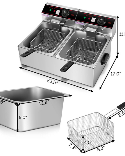 Giantex 3400W Commercial Deep Fryer Dual Tank, 12.8QT Stainless Steel Electric Deep Fryer with 2 Baskets