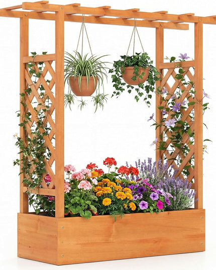 Giantex 45" Wooden Raised Garden Bed with Trellis & Hanging Roof