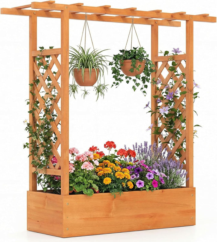 Giantex 45" Wooden Raised Garden Bed with Trellis & Hanging Roof