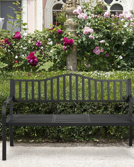 Giantex Patio Bench w/ Pullout Middle Table, Outdoor Benches2-3 Person, Metal Benches for Outside (Black)