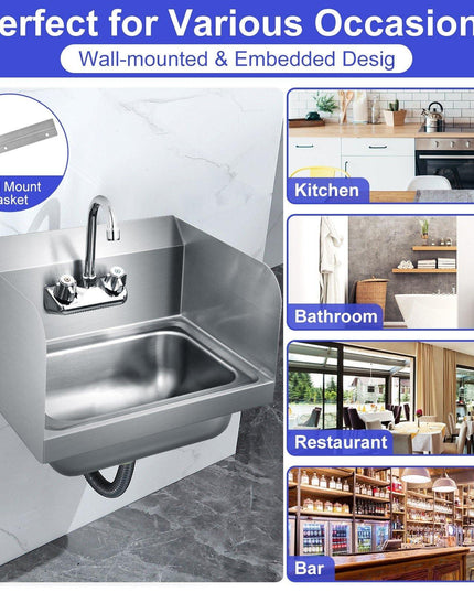Giantex Stainless Steel Hand Washing Sink, Wall Mount Hand Sink w/ Faucet, 17" x 15" - Giantexus