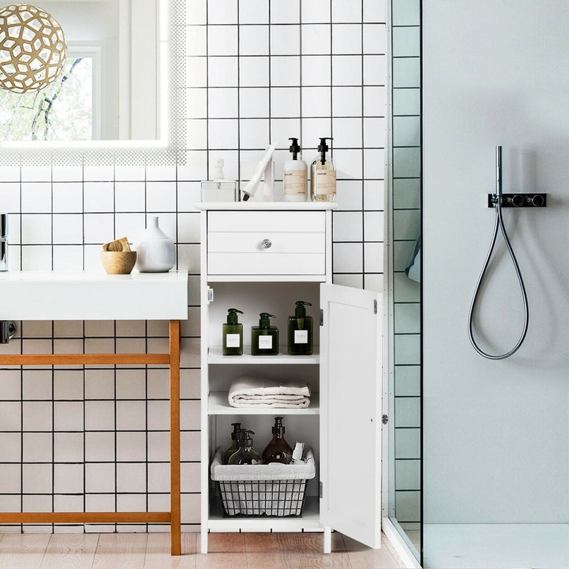 Bathroom Floor Storage Cabinet with Adjustable Shelf & Large Drawer