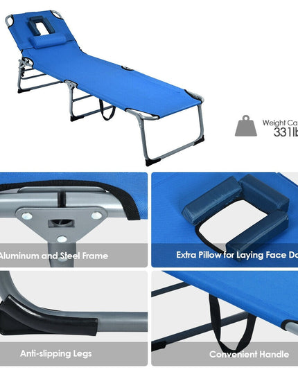 Outdoor Folding Chaise Lounge Chair, Adjustable Camping Recliner Chair