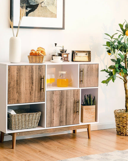 Sideboard Storage Cabinet W/Storage Compartments, Doors and Wood Legs