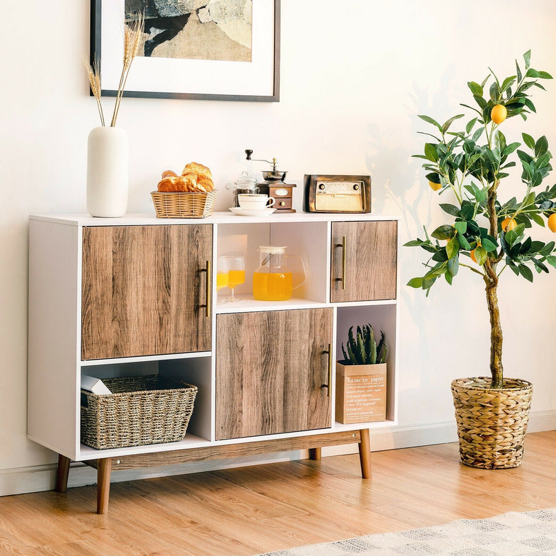 Sideboard Storage Cabinet W/Storage Compartments, Doors and Wood Legs