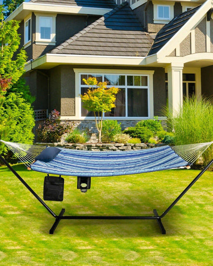 12Ft Hammock with Stand, 2 Person Heavy-Duty Steel Hammock Stand, 450 lbs Capacity (Blue and Beige Striped) - Giantexus