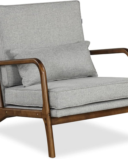 Giantex Mid Century Modern Accent Chair, Upholstered Armchair with Pillow, Rubber Wood Armrests & Legs