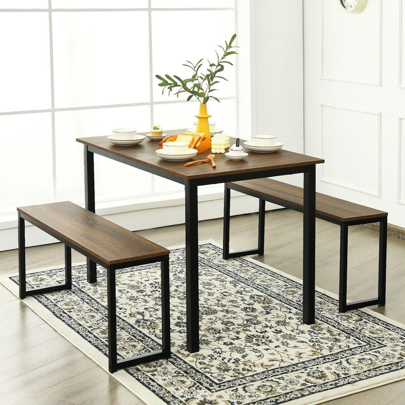 3-Piece Dining Table Set with 2 Benches, Kitchen Bench Table Set - Giantexus