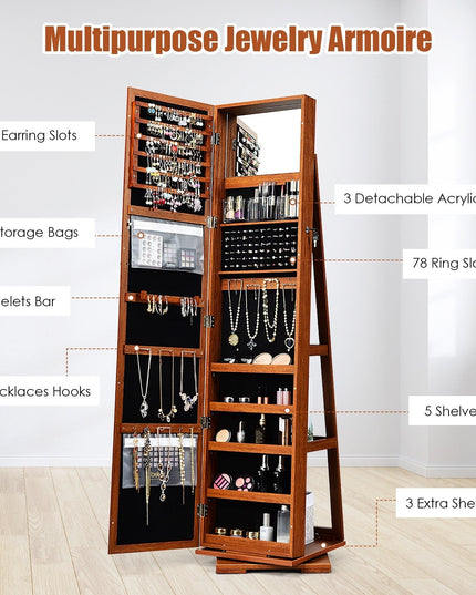CHARMAID | 360-degree Rotating Jewelry Armoire with Higher Full Length Mirror - Giantexus