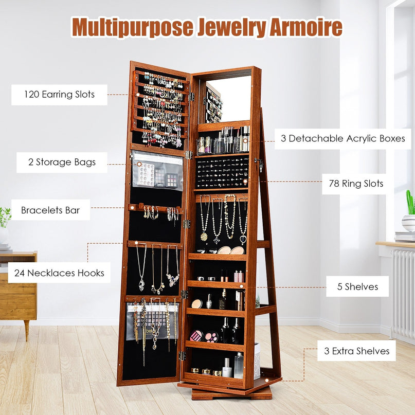 CHARMAID | 360-degree Rotating Jewelry Armoire with Higher Full Length Mirror - Giantexus