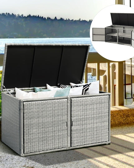 Rattan Deck Box Outdoor&Indoor 88 Gallon Wicker Storage Bench W/Separate Storage Shelf