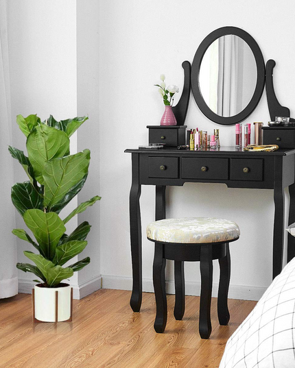Giantex  Round 360 Degree Rotation Swivel Mirror Dressing Table Stool Wooden Vanity Set (Black with 5 Drawer)