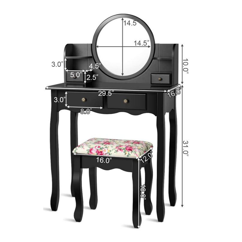 CHARMAID | Vanity Set with 4 Storage shelves and 4 Drawers, Makeup Table with 360?? Pivoted Round Mirror and Makeup Organizers - Giantexus