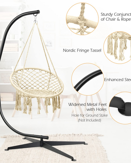 Giantex Hammock Chair with Stand, Solid Steel Heavy Duty C Stand with Macrame Hanging Chair