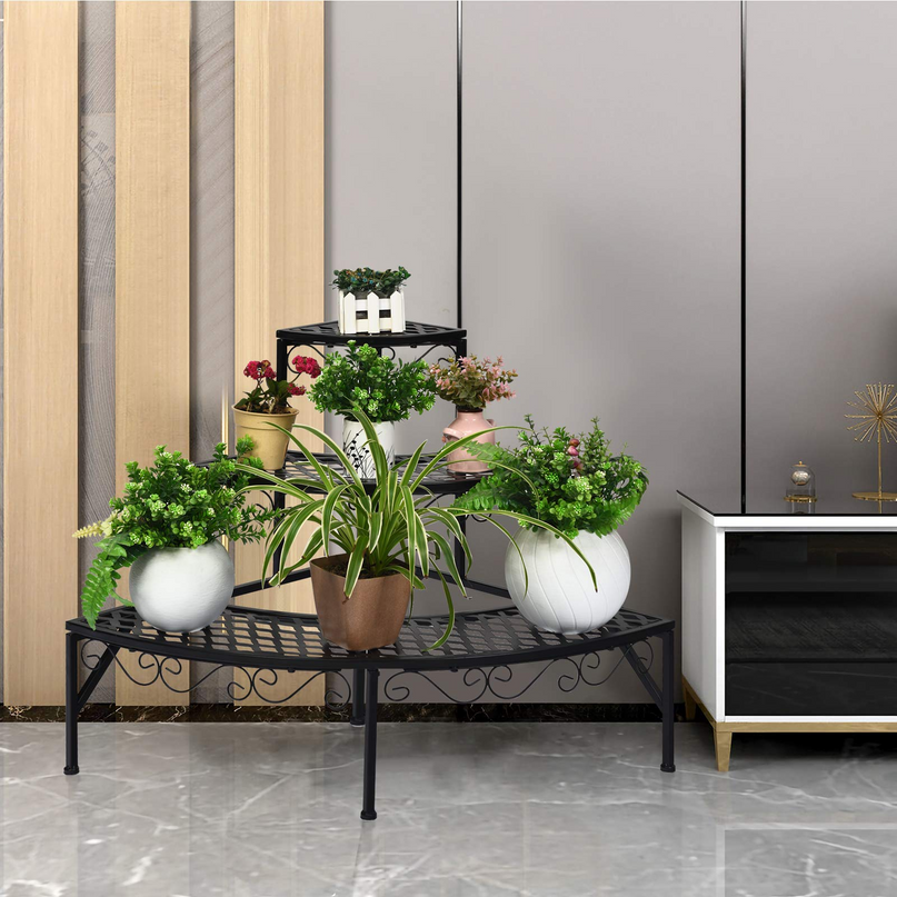 Giantex Étagère d'angle pour plantes, support métallique à 3 niveaux pour fleurs, étagère d'angle en forme d'échelle pour plantes en pot.