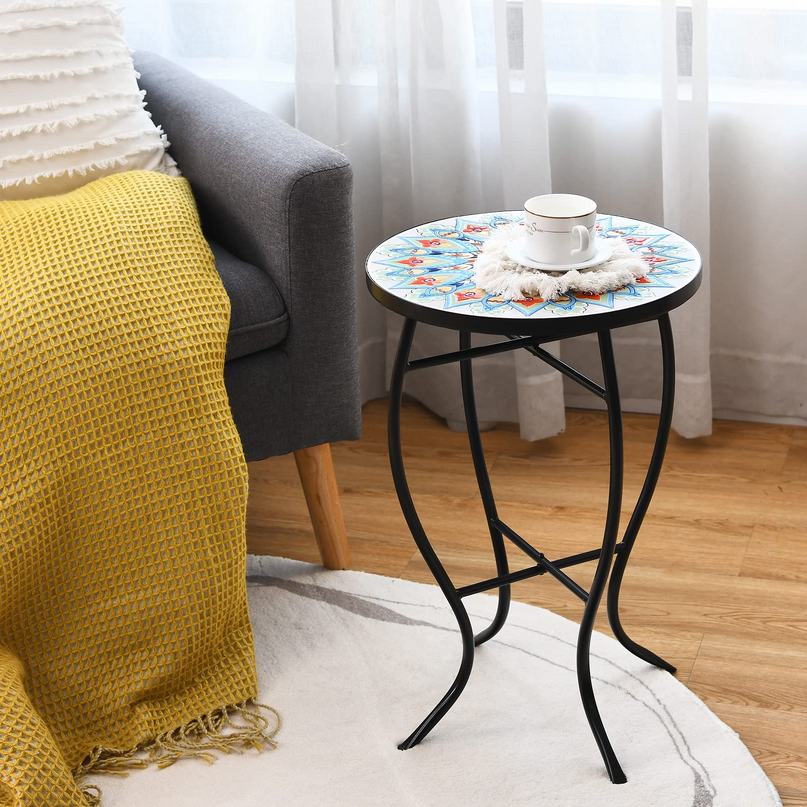Giantex Folding Mosaic Patio Table, 14'' Outdoor Side Table Round Accent Table Plant Stand with Ceramic Tile Top