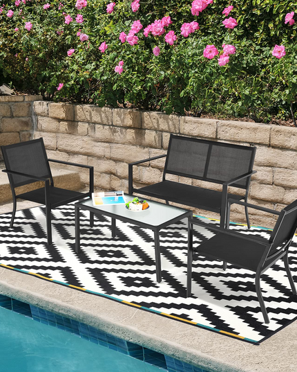 Giantex 4 Pieces Patio Furniture Set, Outdoor Conversation Set, Loveseat Bench with 2 Patio Chairs & Tempered Glass Coffee Table