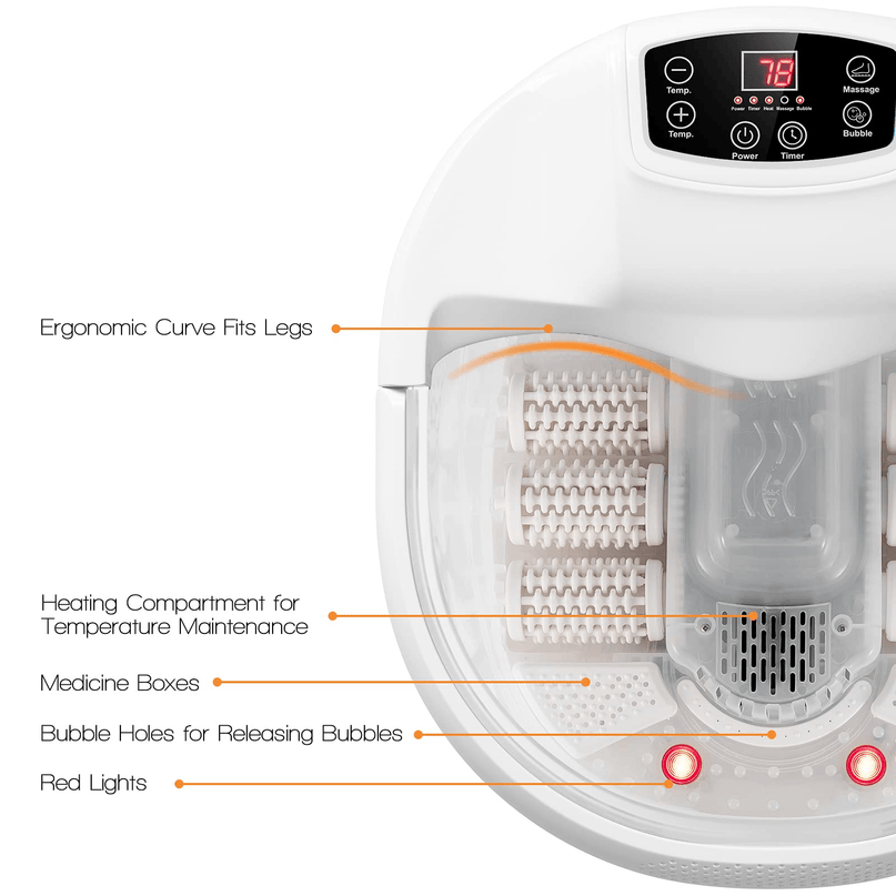 Giantex Foot Spa Bath Massager with Heat Bubbles, 6 Motorized Massage Rollers, Fast Heating, Red Light, Adjustable Temperature & Time (Blue/White) - Giantexus