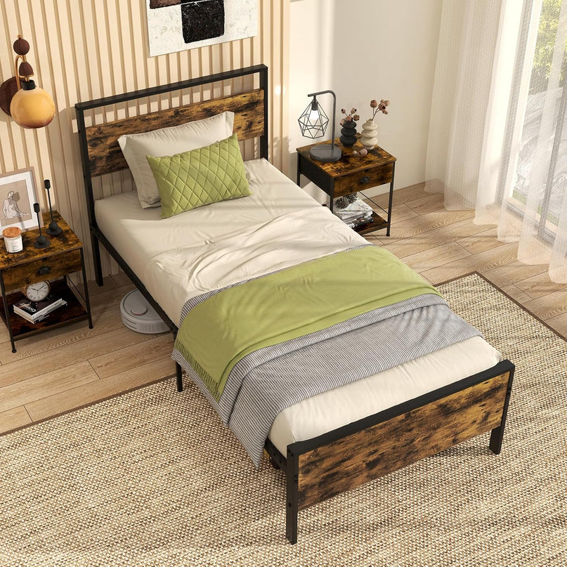Cadres de lit plateforme en métal Giantex (taille double/complète/King/Queen) avec tête et pied de lit en bois