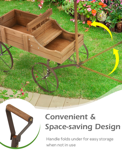 Giantex Decorative Garden Planter, Small Wagon Cart with Metal Wheels, Wood Raised Beds Plant Pot Stand for Backyard Garden Patio 24.5"x13.5"x24"