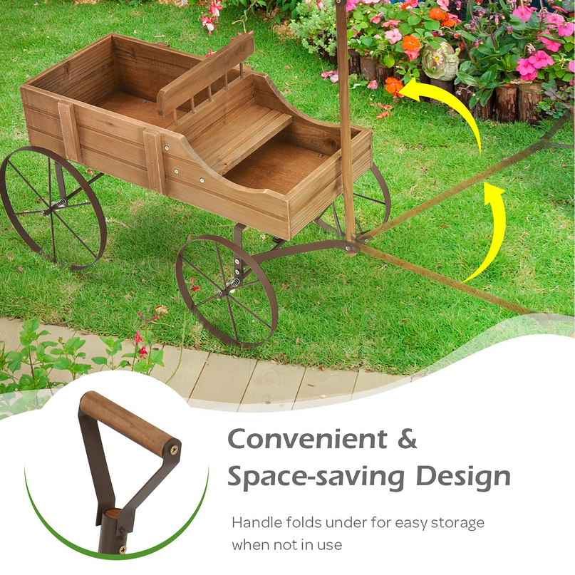 Giantex Decorative Garden Planter, Small Wagon Cart with Metal Wheels, Wood Raised Beds Plant Pot Stand for Backyard Garden Patio 24.5"x13.5"x24"