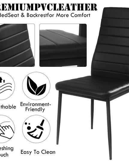 5 Piece Kitchen Dining Table Set with Glass Table Top Leather Padded 4 Chairs (Black) - Giantexus