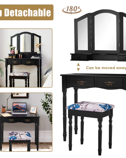 Giantex Modern Bedroom Bathroom Makeup Vanity Desk with Cushioned Stool for Girls Women